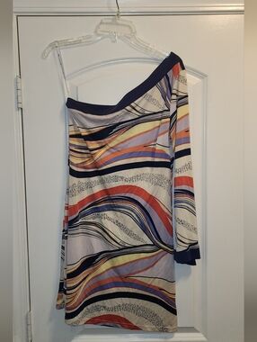 Vintage Prairie New York Striped Wave-Print Top in Navy, Coral 100% Silk Sz M